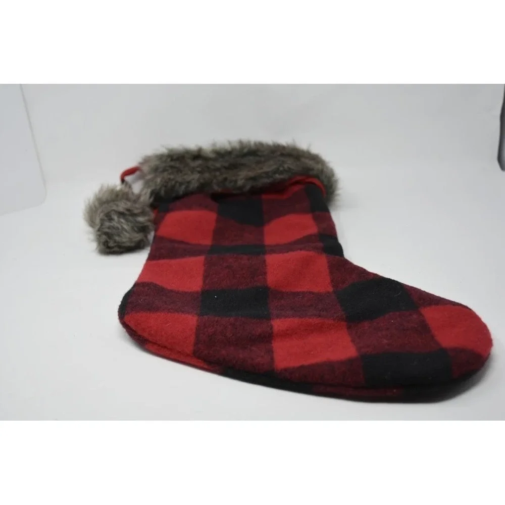 Red Black Buffalo Plaid Christmas Stocking Faux Fur Cuff Rustic Cabin Farmhouse